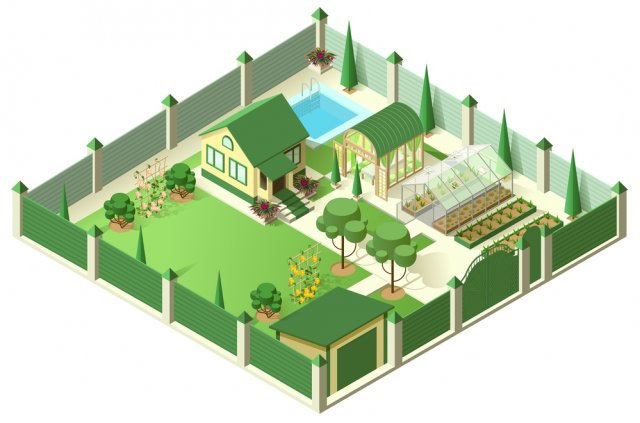 Private house yard with plot of land behind high fence. Isometric 3d illustration. Isolated on white vector